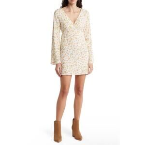 Velvet Torch New Women's Floral V Neck Bell Sleeve Mini Dress White Yellow Small